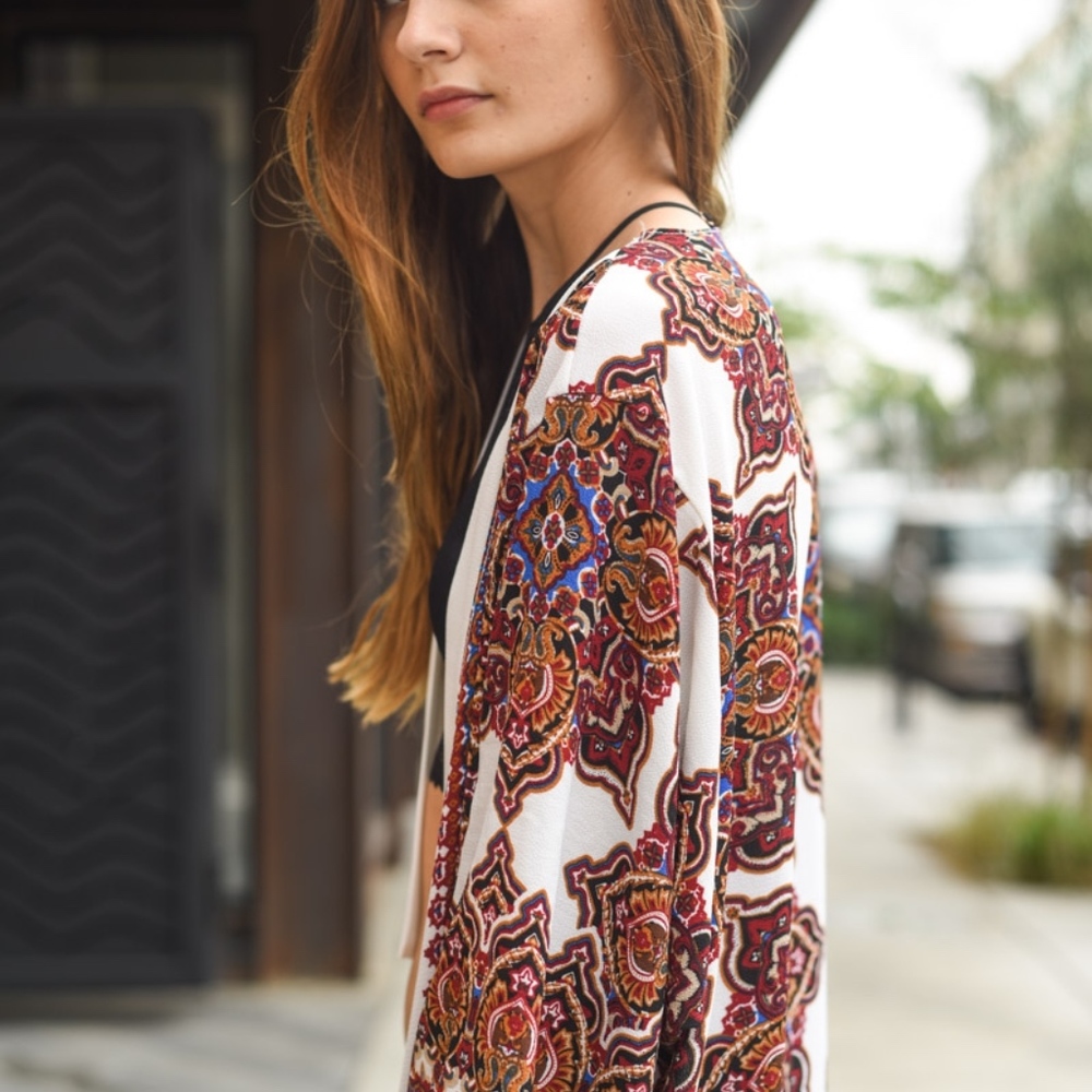 Long Line Moroccan Print Kimono Fall Floral White - Picture 4 of 7